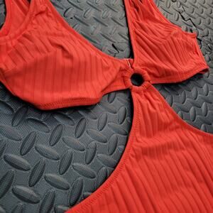 Aerie Ribbed Cutout One Piece Swimsuit Medium Orange Red Ring Front UPF 50
